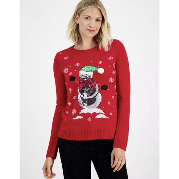 Holiday Lane Sweater Womens Medium Red Sequin Snowman Ugly Christmas Pullover - Picture 1 of 7